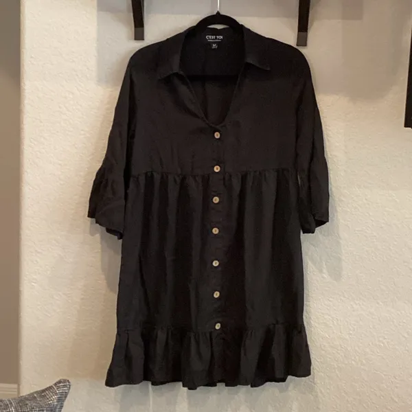 C'est Toi Flounce black 3/4 sleeve tiered Button down casual Swing Dress - Image 3