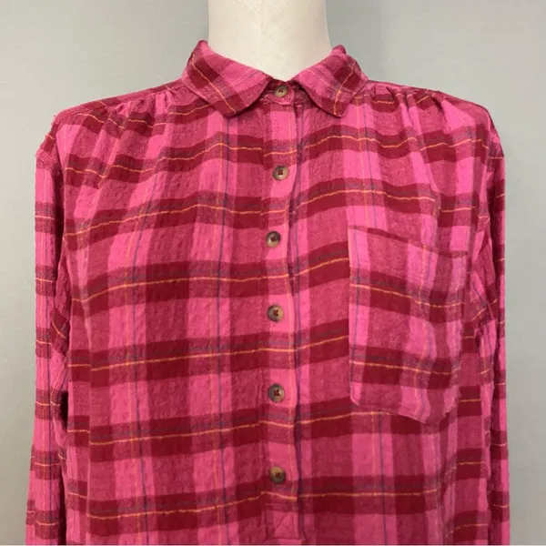 Anthropologie Isadora Button-Back Tunic Posy Pink Shirt‎ Blouse Top Plaid Medium - Image 5