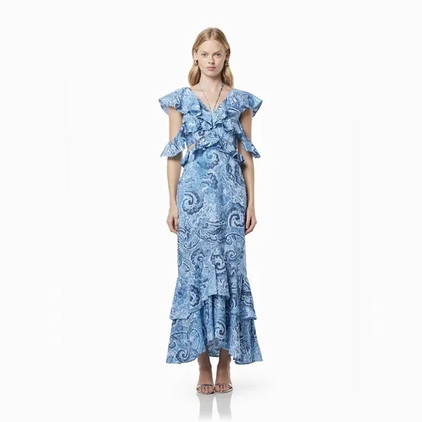 Elliatt Snow Printed Linen Gown Blue Floral Wedding Guest Vacation Summer - Image 3