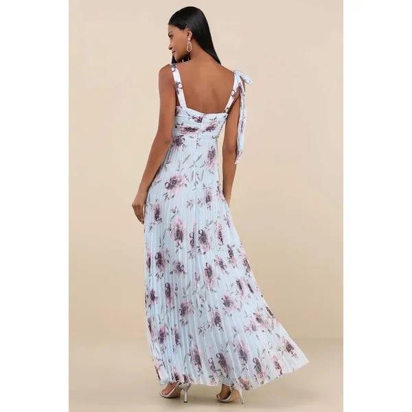 NWT Lulus Gorgeous Purpose Blue Floral Pleated Sleeveless Bow Maxi Dress Size XL - Image 3