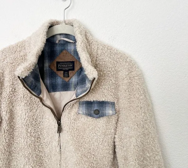 [Pendleton] Cream Full Zip Flannel Flap Pocket Fleece Sherpa Jacket Size Small S - Image 3