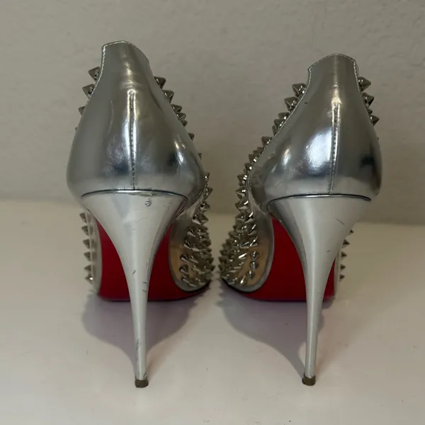Christian Louboutin Metallic Silver Gloss Clear PVC Spike Me 100 Pumps Size 39 - Image 5
