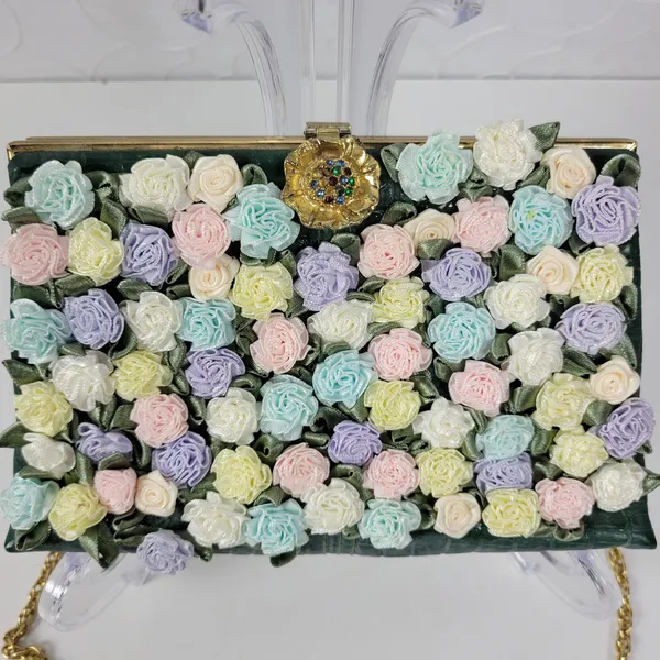 Andé Womens Clutch Bag Green Croc Embossed Pastel Floral Applique Gold Chain - Image 11