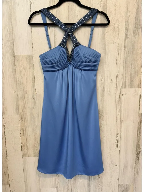 BCBGMAXAZRIA Womens 2 Blue Satin Beaded Cocktail Prom Dress - Image 2