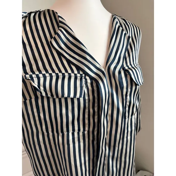 Love Culture coastal nautical Striped Satin Blouse Navy Cream Roll Tab Sleeve Button Up - Image 4