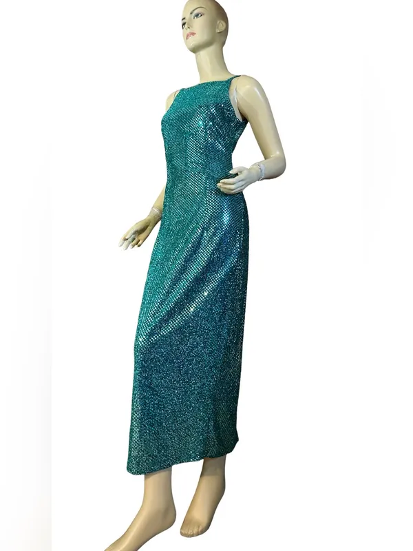 Vintage 1990'S All That Jazz Teal/Aqua Sequin Mesh Formal Dress (5/6) - Image 3