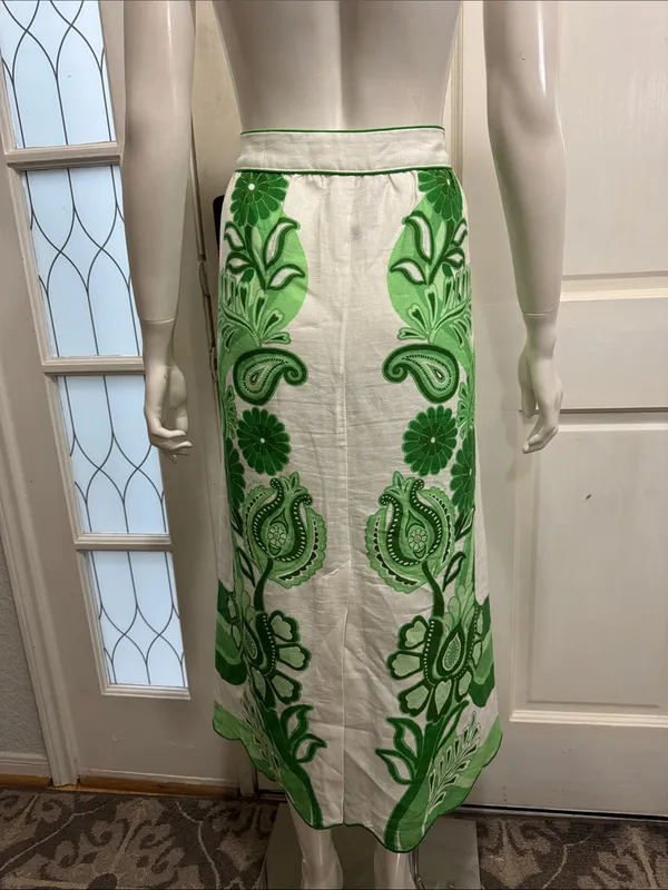 FARM RIO Women’s Midi Skirt White Green Floral Festival Linen Size Large - Image 7