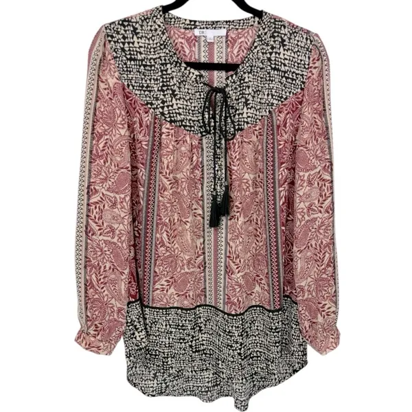 DR2 Women's Tunic Top Size Medium‎ Pink Black Paisley Boho Tassel V-Neck - Image 3