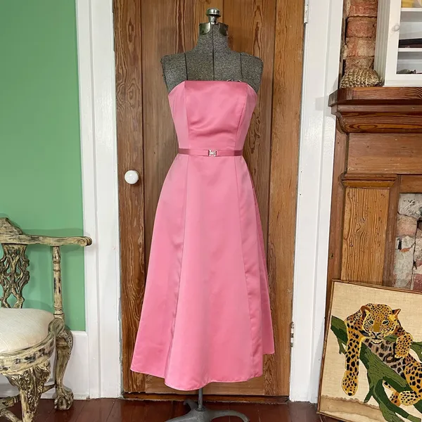 Vintage 90s Michaelangelo Pink Satin Strapless Formal Evening Dress Sz 2 🍄 - Image 2