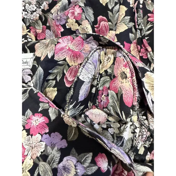 Miss Dorby Vintage 90s Floral Midi Dress L Black Purple Button‎ Front USA Made - Image 10
