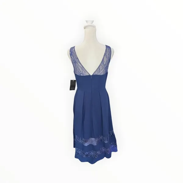 NWT Aidan Mattox Navy Crepe Lace V Neck Midi Cocktail Dress Size 4 - Image 7