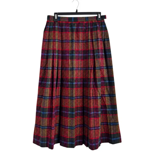 Vintage Schadder 100% Wool Tartan Plaid Pleated Midi Skirt Size 14 Red Green - Image 2