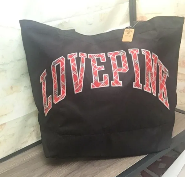 New VS PINK 2022 Black with Plaid Logo Weekender Tote Shoulder Bag - Image 7