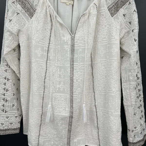 the jetset diaries TJD Boho Cotton Silk Shimmer Blouse L Embroidery Long Sleeve - Image 6