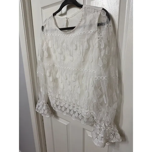 Zara White Embroidered Lace Mesh Long Sleeve‎ Top with Bell Cuffs Size Large - Image 3