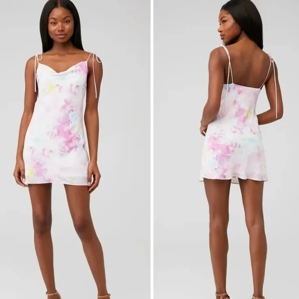 Revolve RESA Teenie Mini Dress Cotton Candy Tie Dye‎ XS Cowl Neck Tie Straps NEW - Image 12
