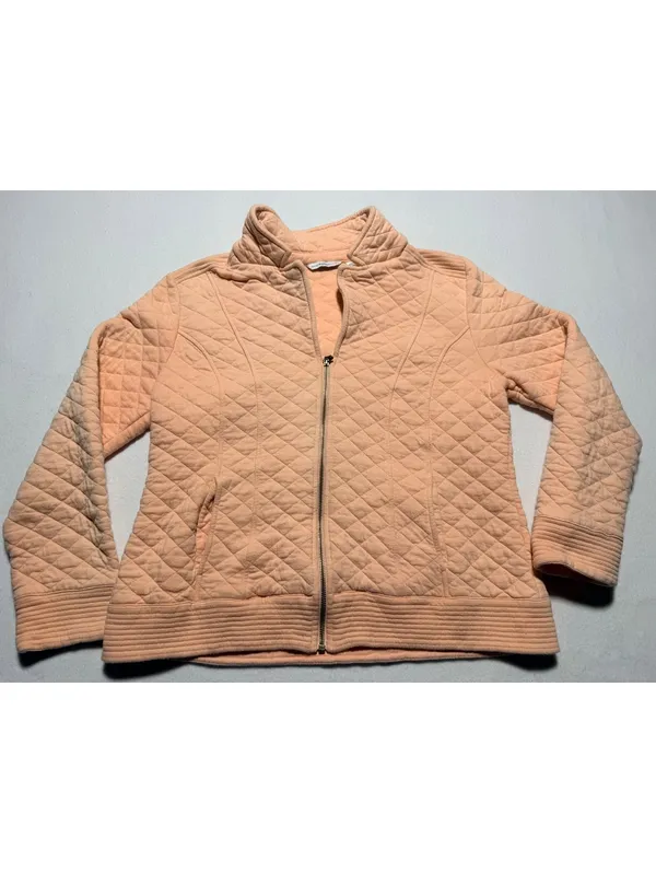 Isaac Mizrahi Live Women’s Large Peach Quilted Full Zip Jacket Ribbed Trim - Image 2