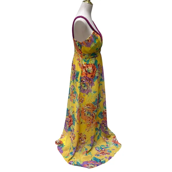 Soft Surroundings Maxi Dress Gown‎ M Yellow Floral Vibrant Empire Waist Garden - Image 4