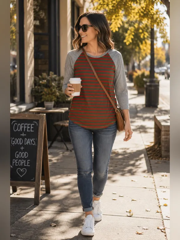 LuLaRoe Randy Red Olive Stripe Raglan Baseball Tee Women's XXS NWT USA - Image 2