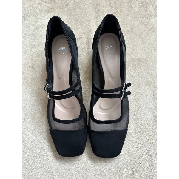 Zara Black Mesh & Suede Low Block Heel Mary Janes Heels with Buckle Strap Sz 39 - Image 2