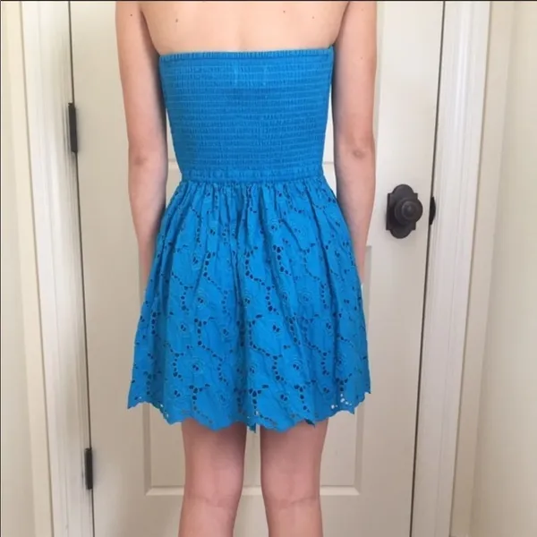 Abercrombie & Fitch Y2K Strapless Eyelet Mini Dress Turquoise Blue Small - Image 3
