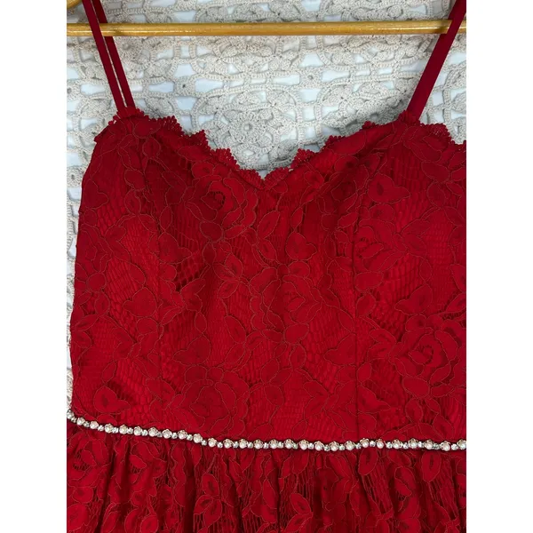 City Studio Ruby Red Lace Fit & Flare Dress Size 3 Rhinestone Waist NWT - Image 15