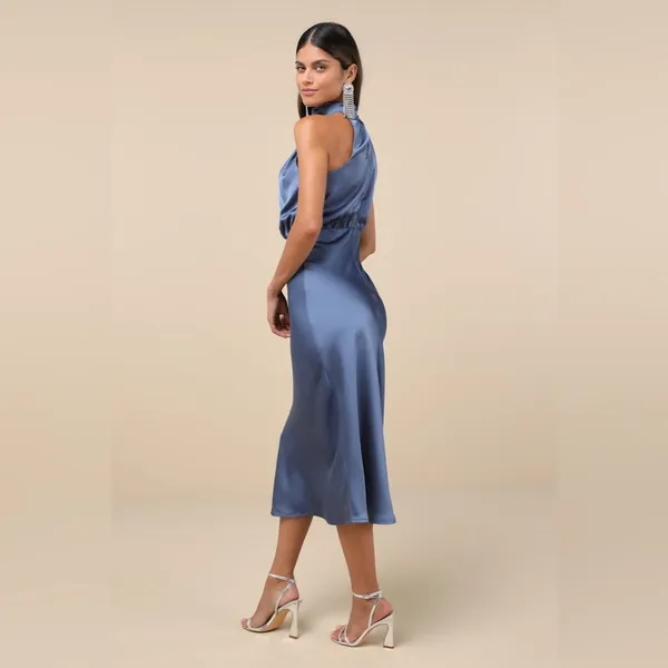 LULU’S Distinctive Charm Slate Blue Satin Asymmetrical Midi Dress - Image 3