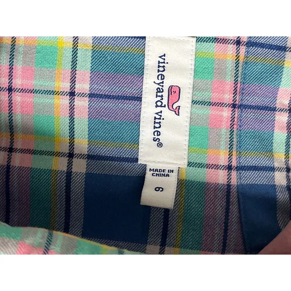 Vineyard Vines Plaid Popover Shirt Blue Pink Green Button Front Long Sleeve SZ 6 - Image 3