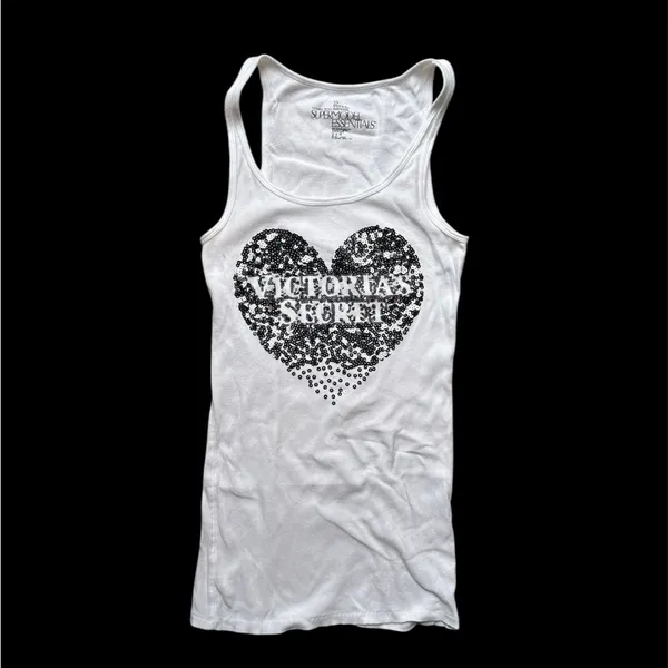 vintage Victoria's Secret White Tank Black Sequin Heart super model essentials L - Image 2