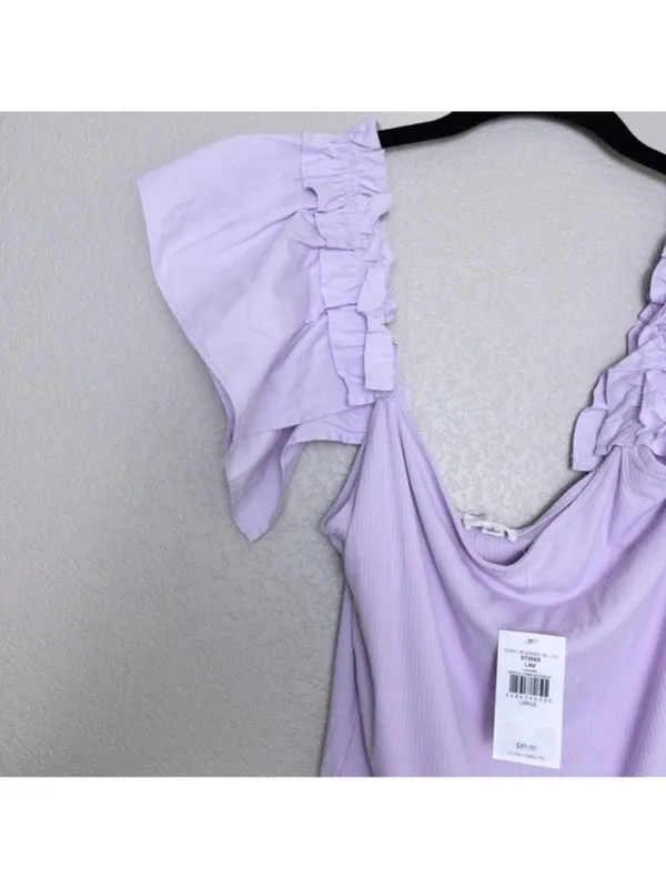 NWT Le Lis Ruffle Tank Ribbed Knit Sleeveless Bodysuit L Lavender Buckle - Image 6