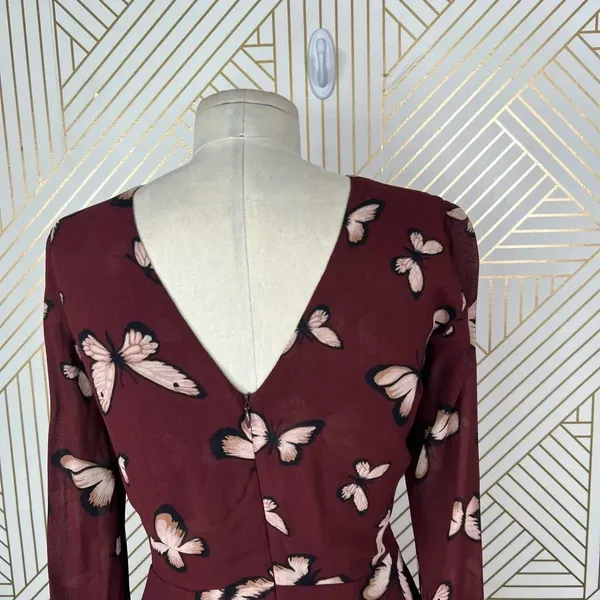 Reformation Butterfly Print Long Sleeve Mini Dress Maroon Red Size‎ 2 - Image 7