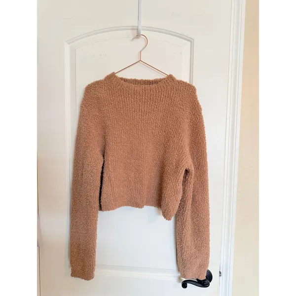 Aerie Sweater Womens XL‎ Tan Cropped Popcorn Knit Fuzzy Cozy Loungewear - Image 3