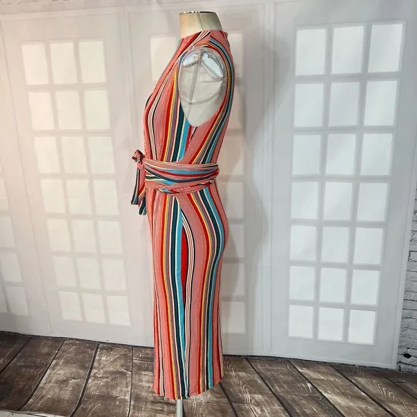 Alice & Olivia Delora colorful vertical striped wrap tie waist midi dress size 2 - Image 12