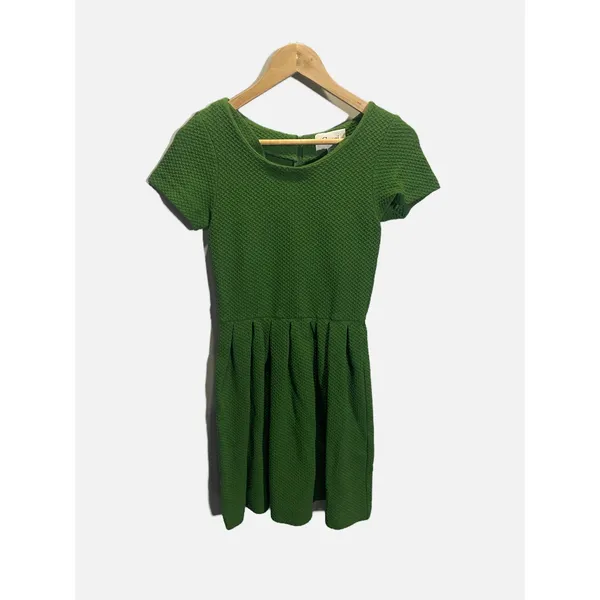 Ganni Textured‎ Mini Dress Womens XS Green Short Sleeve Pleated Fit Flare Scandi - Image 2