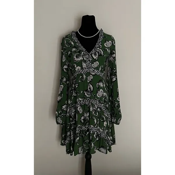 Anthropologie Robin Boho Tiered Ruffled V-Neck Dress Green Motif Size Small - Image 2