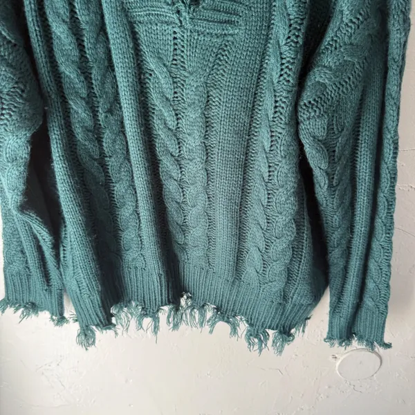 Entro Womens M Green Cable Knit V Neck Distressed Fringe‎ Sweater Boho Western - Image 3