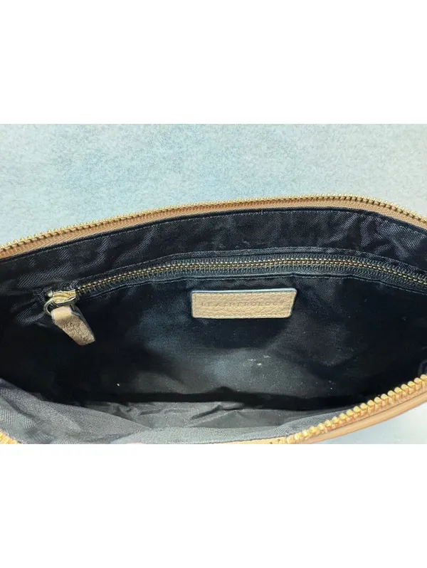 Brown Pebbled Leather Wristlet Clutch LMG Monogram Gold Tone Zip Pouch - Image 3