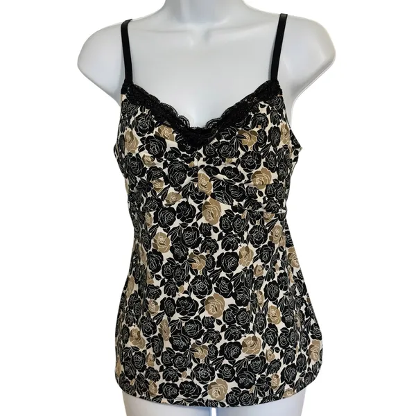 WHITE HOUSE BLACK MARKET Rose Floral Lace Trim Camisole Tank Top Black Tan EUC M - Image 2