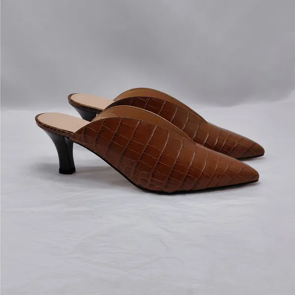 $289 NWT Club Monaco Mule Heels Women's Sz 7 Brown Croc Embossed Pointed Toe - Image 14