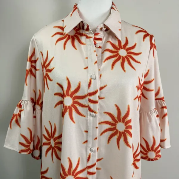 Petal & Pup Ren Soleil Sun Print Mini Dress Ruffle Bell Sleeve Cream Orange Med. - Image 5