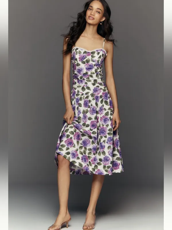 ANTHROPOLOGIE Maeve Purple Floral Printed Midi Dress Size L NEW - Image 2