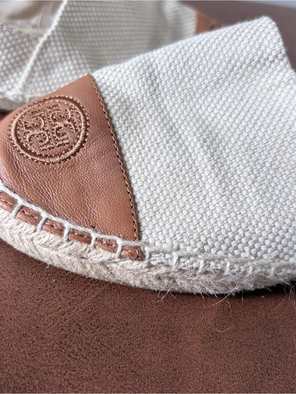 Tory Burch Cream Canvas Espadrille with Tan Leather Toe - Image 7