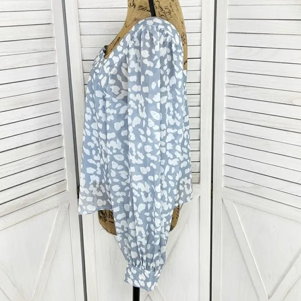 Lucca Petal Print Square‎ Neck Crop Blouse Blue White Large Long Balloon Sleeve - Image 2