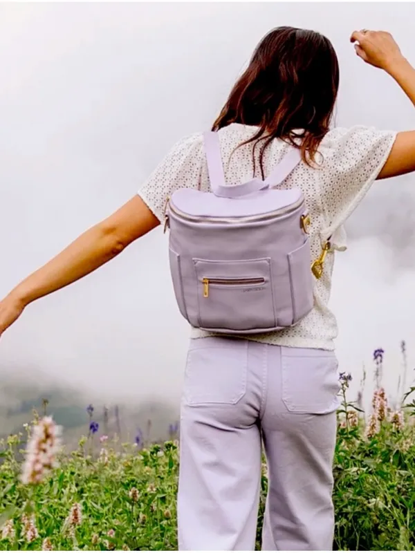 Fawn Design Lavender Leather Convertible Backpack Gold Hardware RARE flawed - Image 2