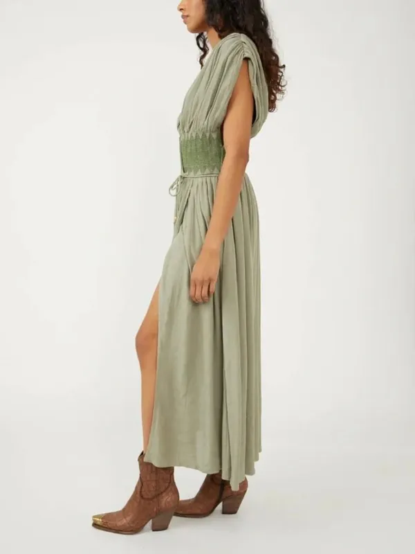 Free People Devon Ivory Black Embroidered High Slit Faux Wrap Maxi Dress S - Image 11