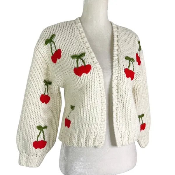 Forever 21 Cherry Chunky Knit Cardigan Sweater Size XS Women 9/10 KIDS - Image 2