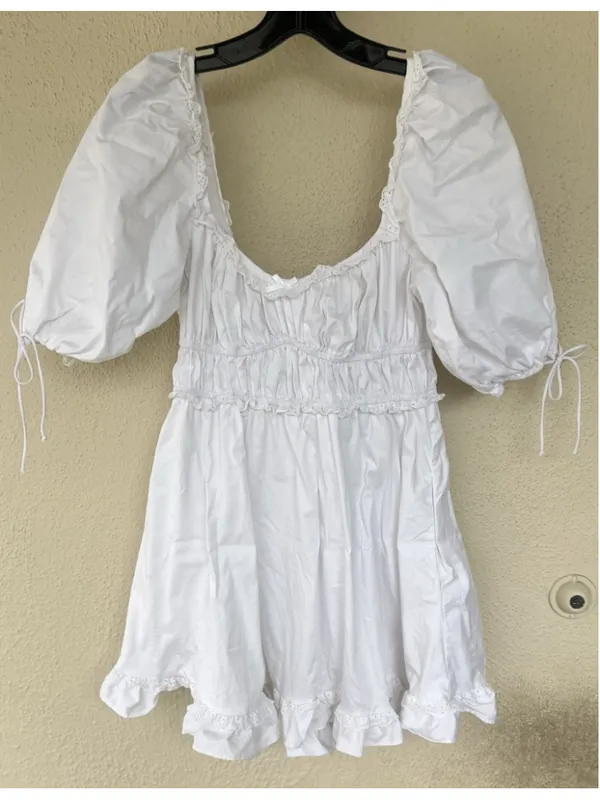For Love & Lemons Jackson Clean Girl Babydoll Puff Sleeve Eyelet Mini Dress S - Image 7
