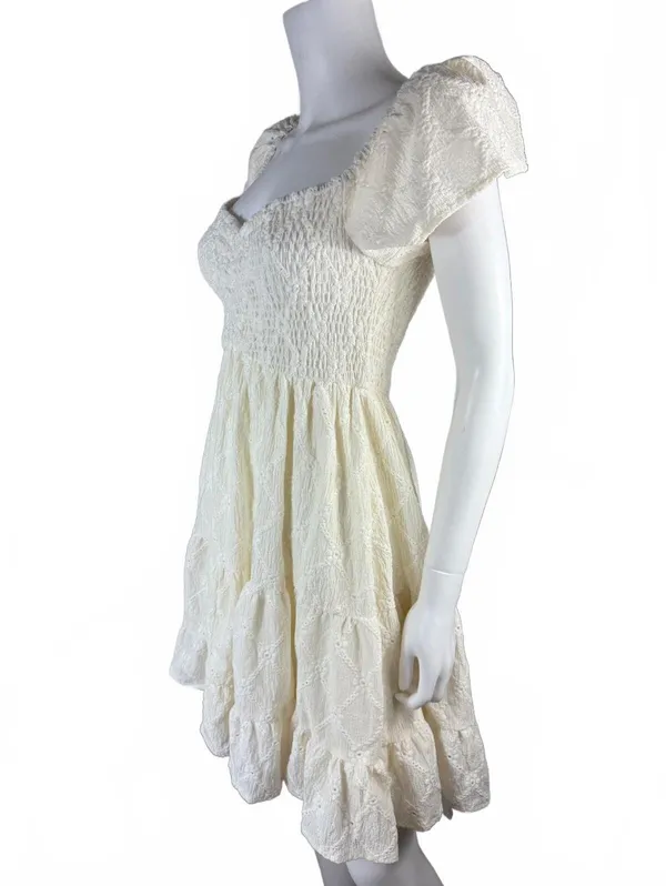 Cream Smocked Puff Sleeve Mini Dress Size S - Image 3