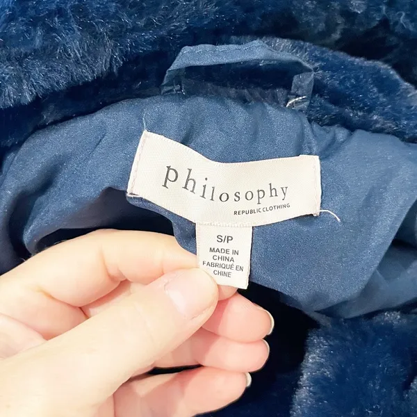 Philosophy Full Zip Hooded Faux Fur Jacket Navy Blue Small - Image 2