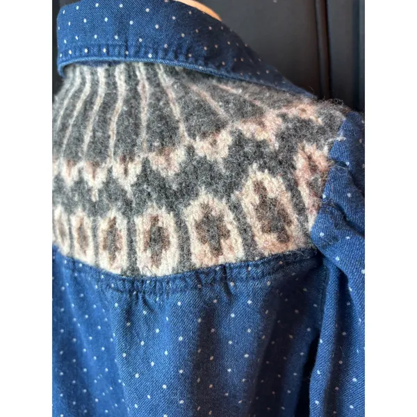 Free People Polka Dot Denim Button Down Shirt Fair Isle Knit Yoke Blue western - Image 2